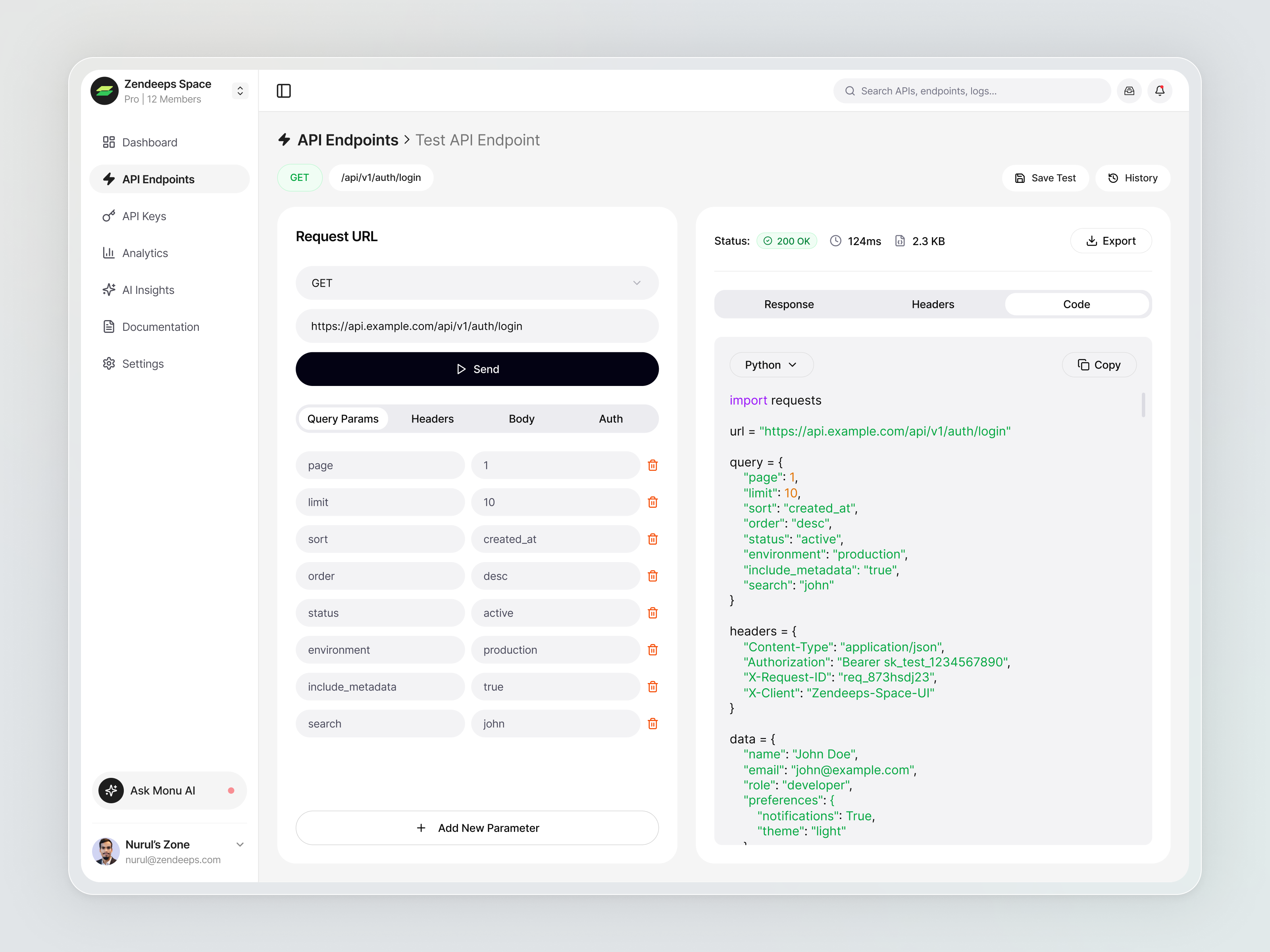 MonuPi Endpoints Dashboard showing detailed metrics and health status